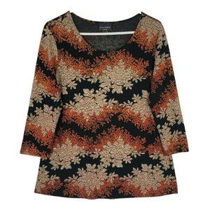 Brittany Black Tunic Blouse Women's M 3/4 Sleeve Floral Tan Orange Black